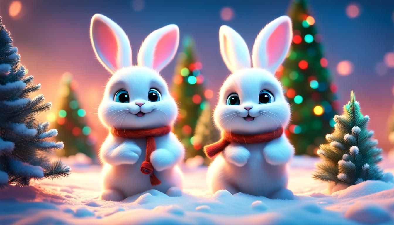 white fluffy rabbit kittens on the snow with a christmas trees Pixar, Disney, concept art, 3d digital art, Maya 3D, ZBru...