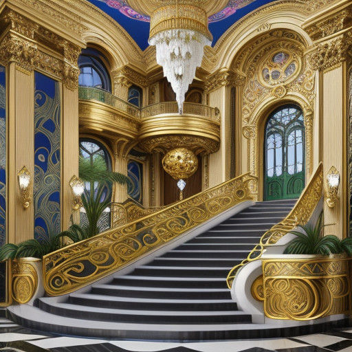Surreal Art Nouveau Palace in Vibrant Garden with Iridescent...