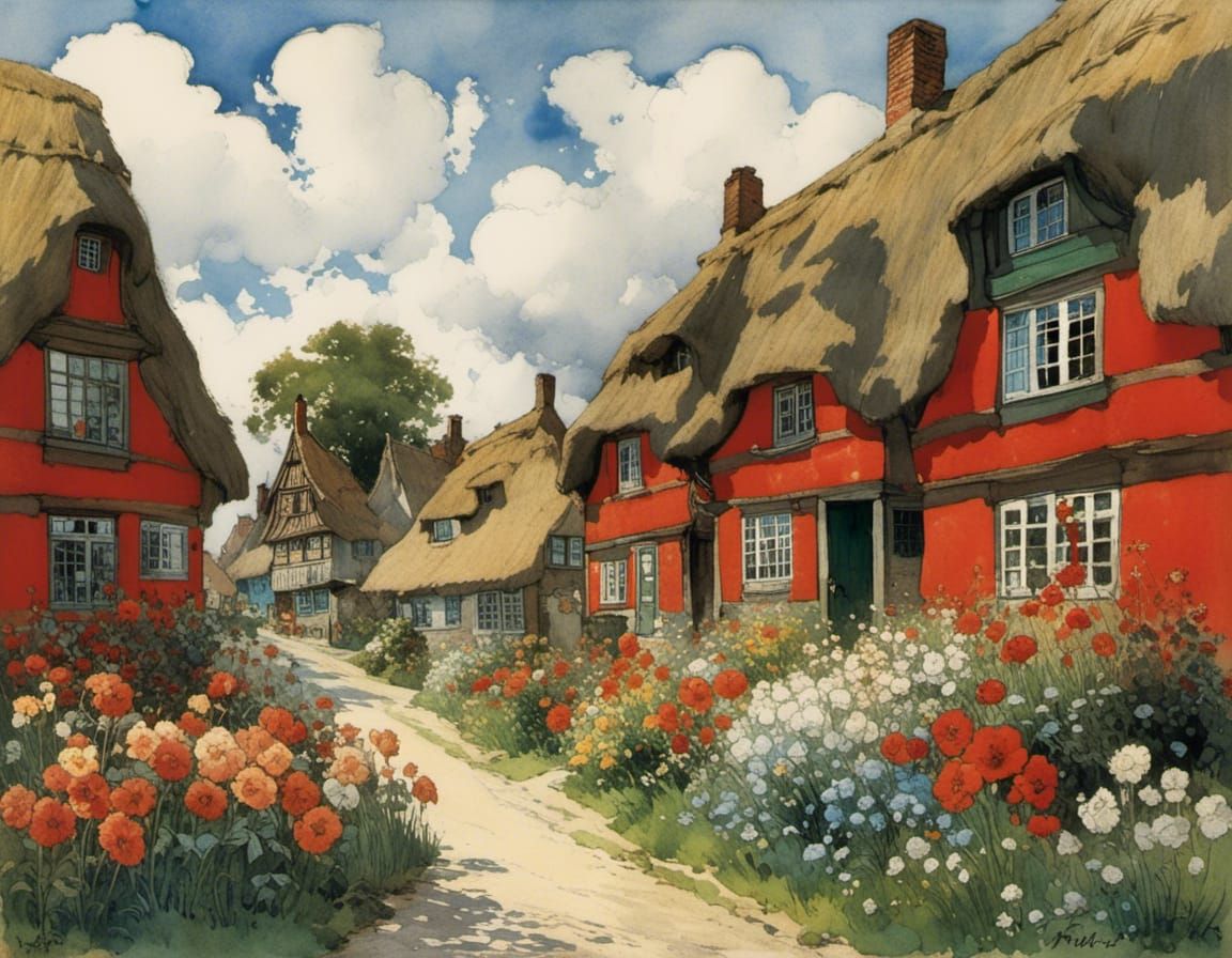 Charming Thatched Village Scene in a Whimsical Aesthetic