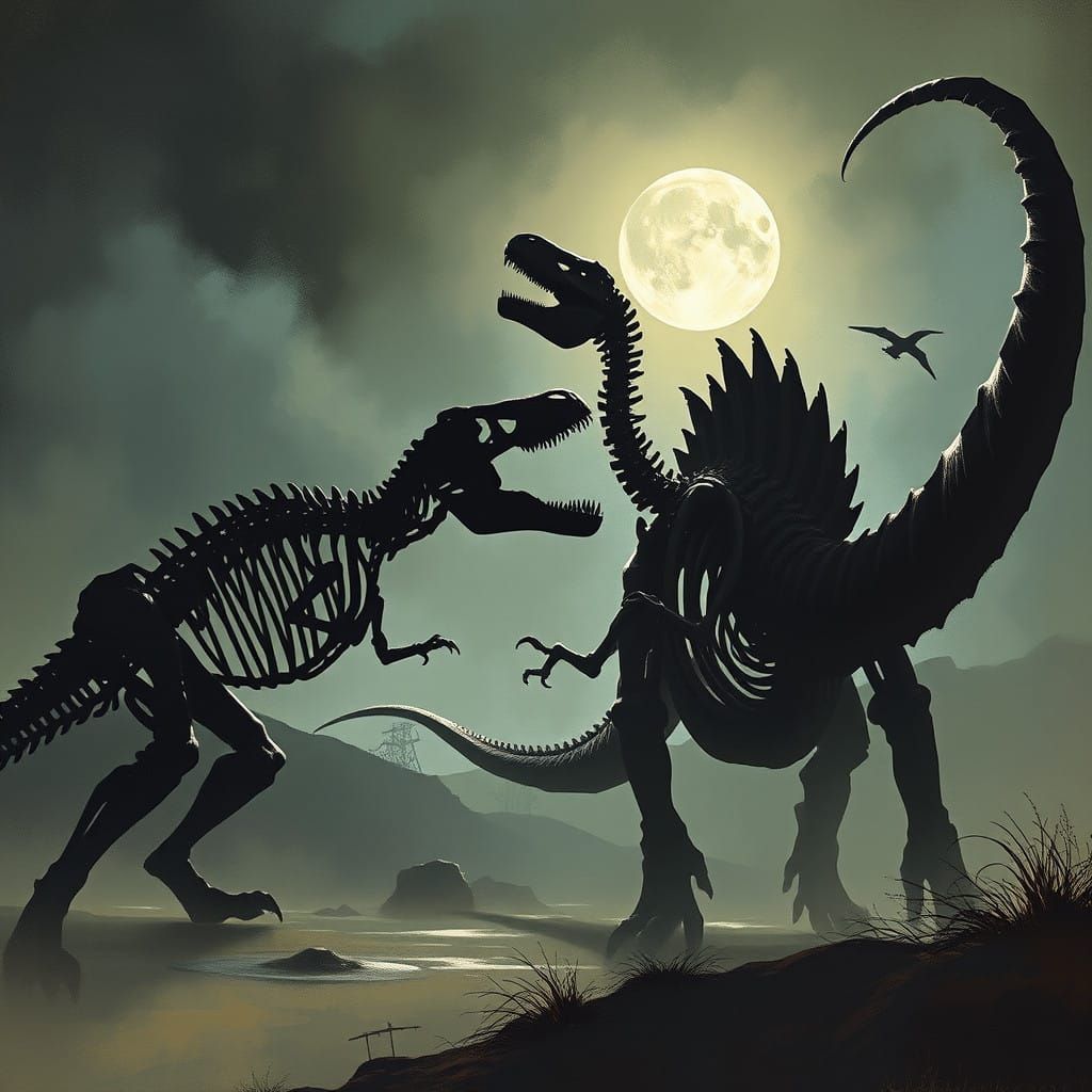 Dinosaur Skeletons Engage in Epic Cyberpunk Battle