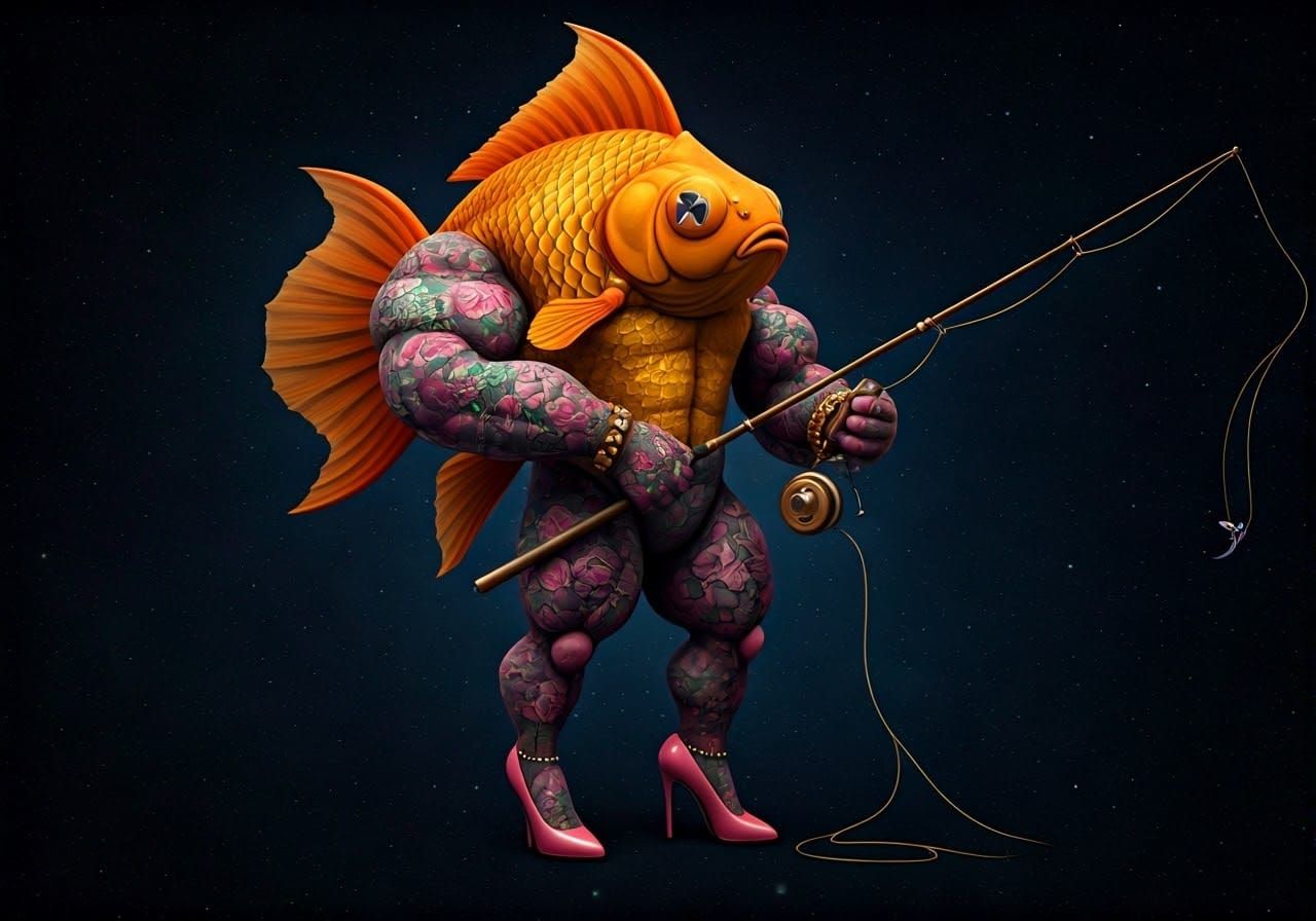 Muscular Goldfish in High Heels with Tattoos