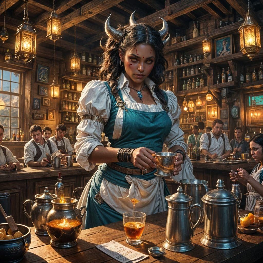 Epic Fantasy Demon Bartender in Detailed Tavern