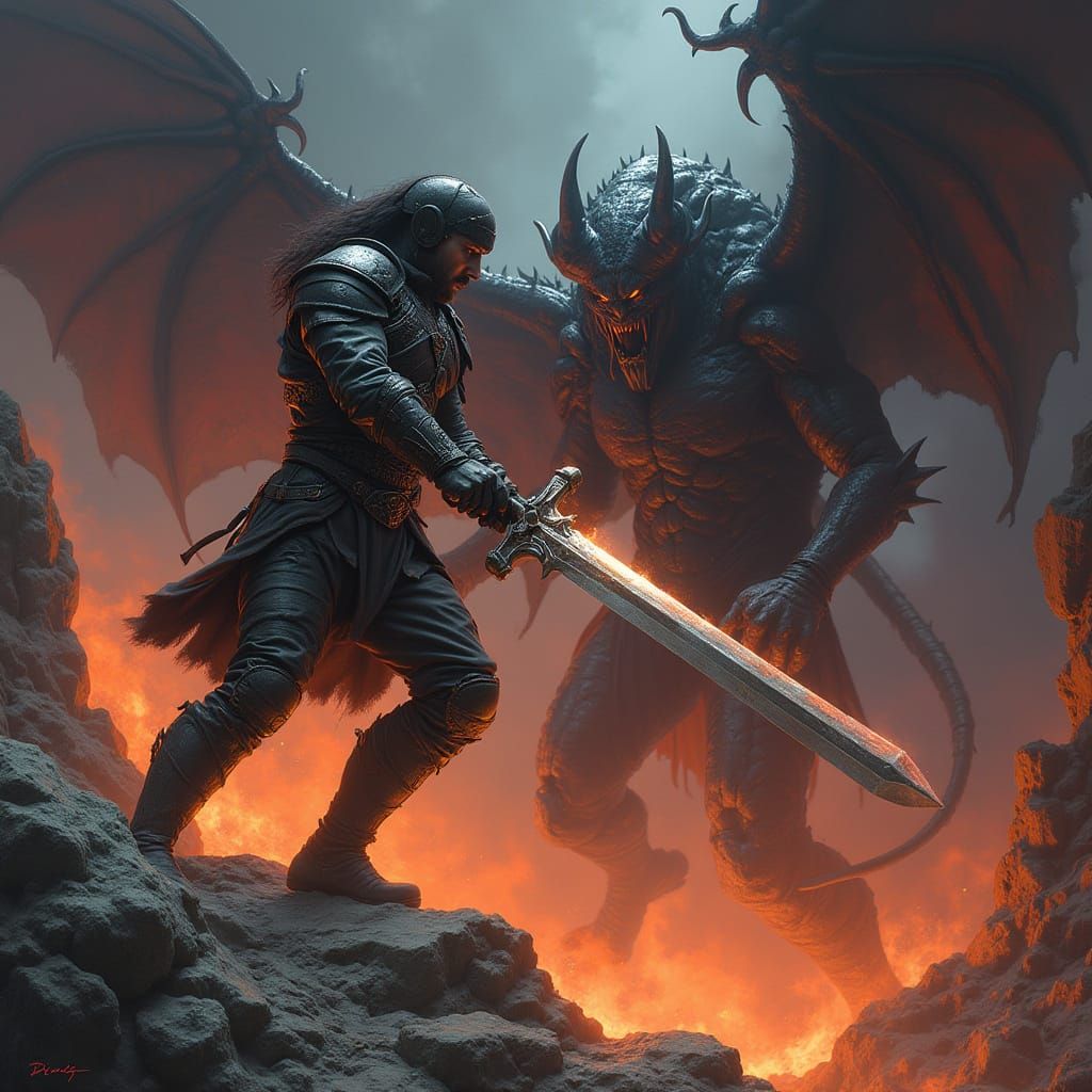 Heroic Figure Battles Demon in Cinematic Style