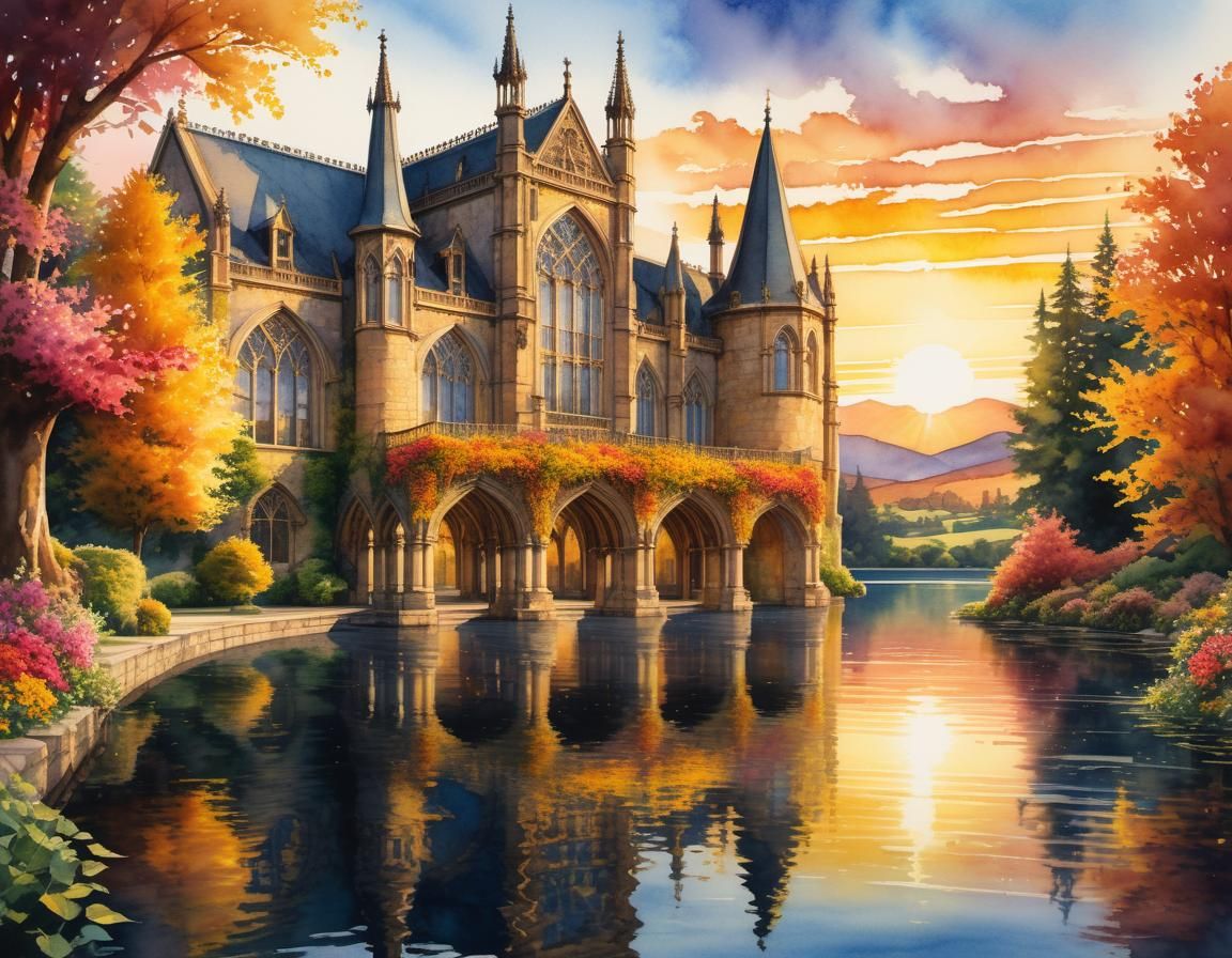 Gothic Lakeside Building at Sunset in Watercolor