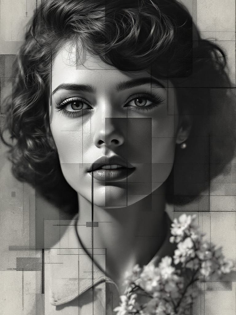 Geometric Pin-Up Fusion in Vintage Documentary Style