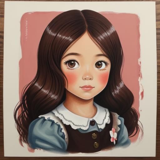 Gouache Painting of a Cute Girl with Chocolate Hair