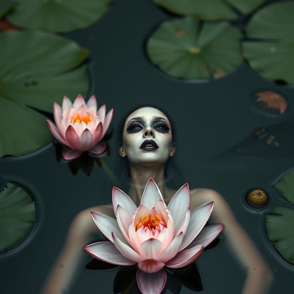 Ethereal Lotus Siren Emerges from Dark Water
