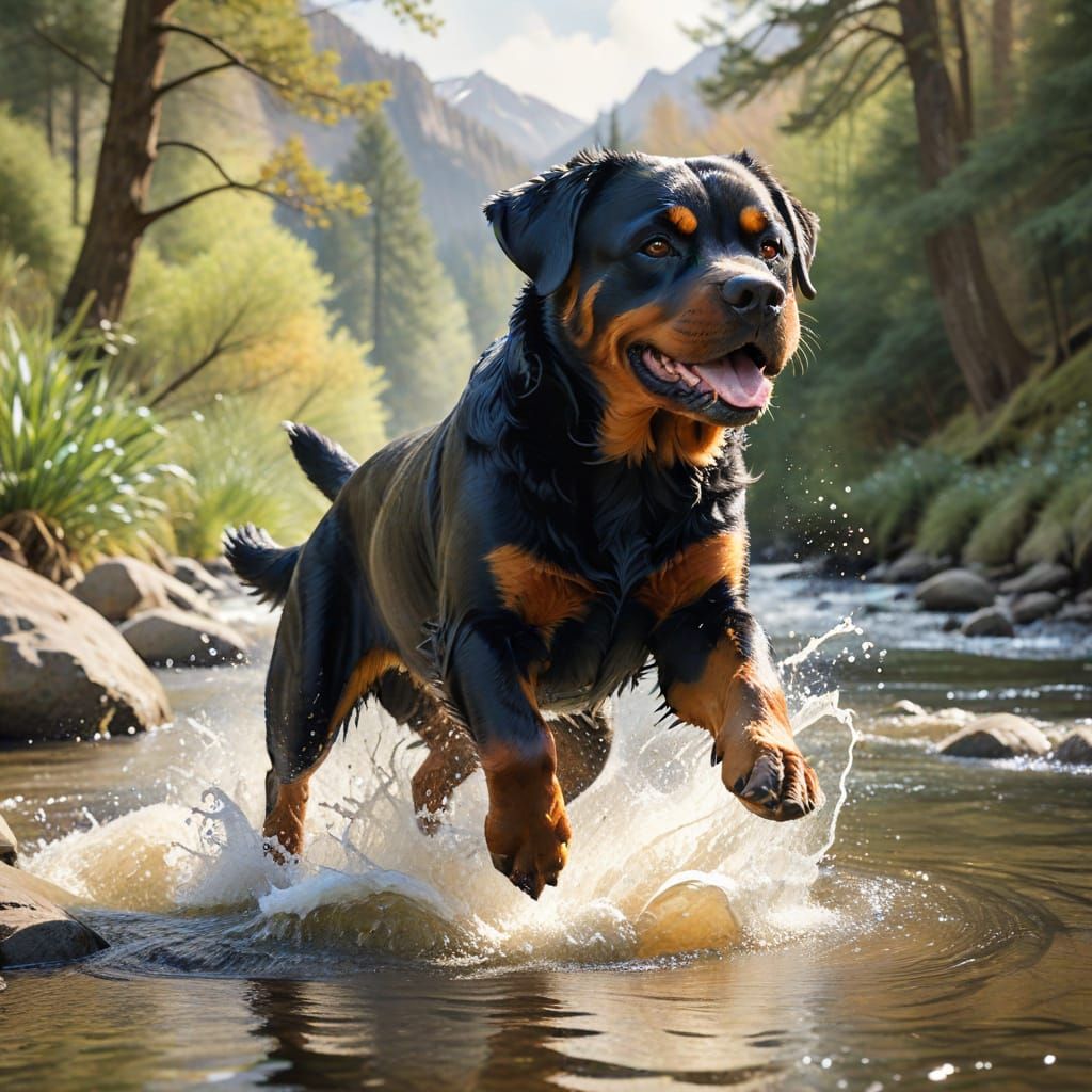 Rottweiler Leaping Through River in Watercolor Style