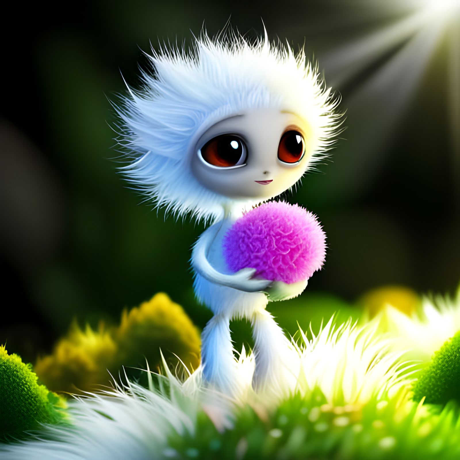 Alien Holding Flower in Surreal 3D Garden