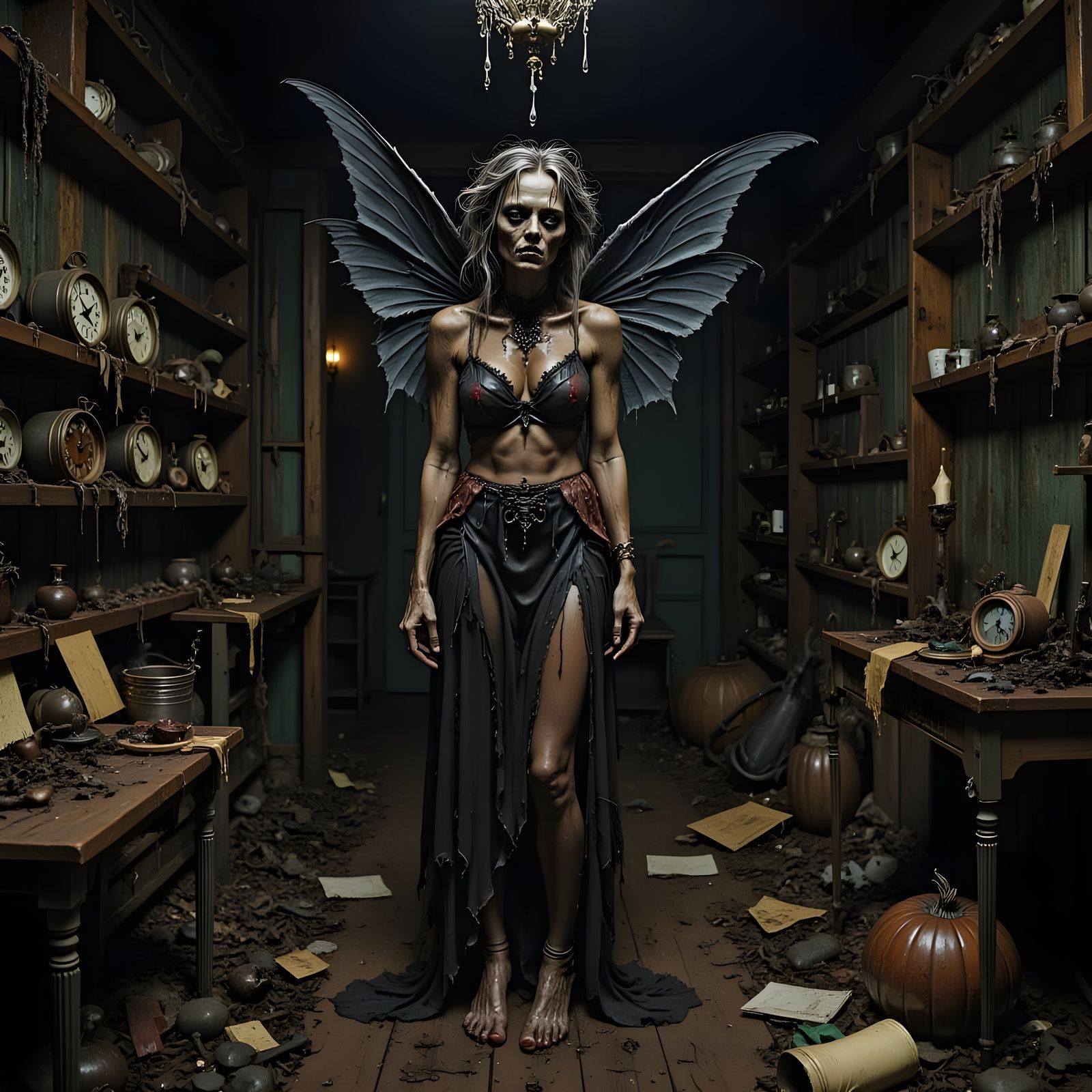 Sinister Fairy Amidst Hoarded Clutter in a Decaying Cottage