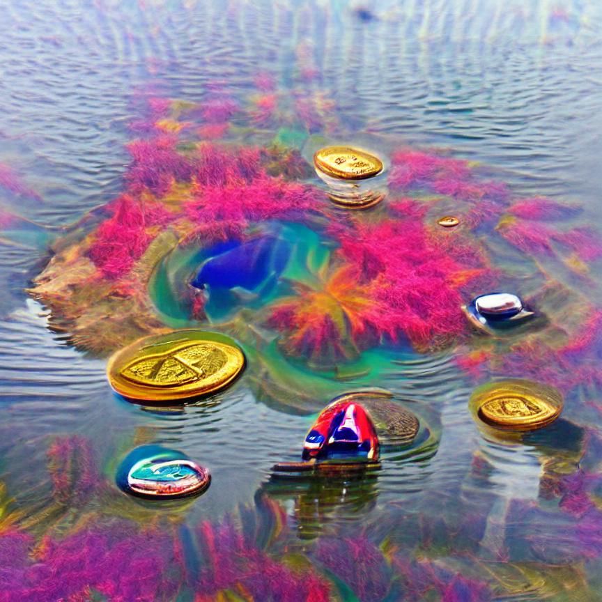 Colorful Psychedelic Crypto Coins in Lake