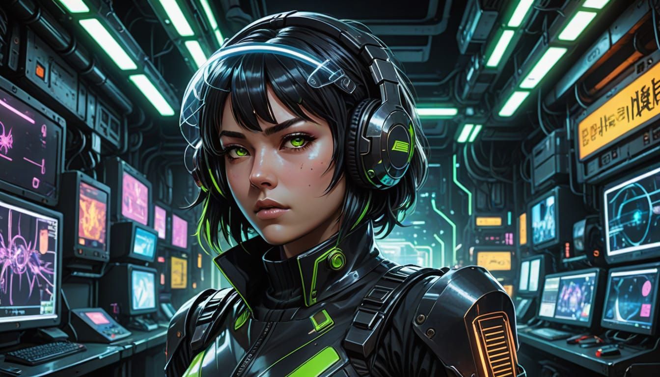 Cyberpunk Soldier Woman in Neon-Lit Anime Room