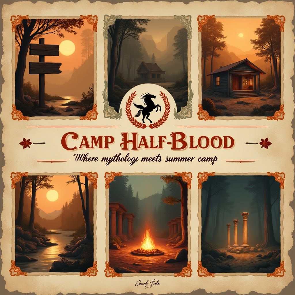 Rustic Camp Half-Blood Moodboard with Greek Motifs