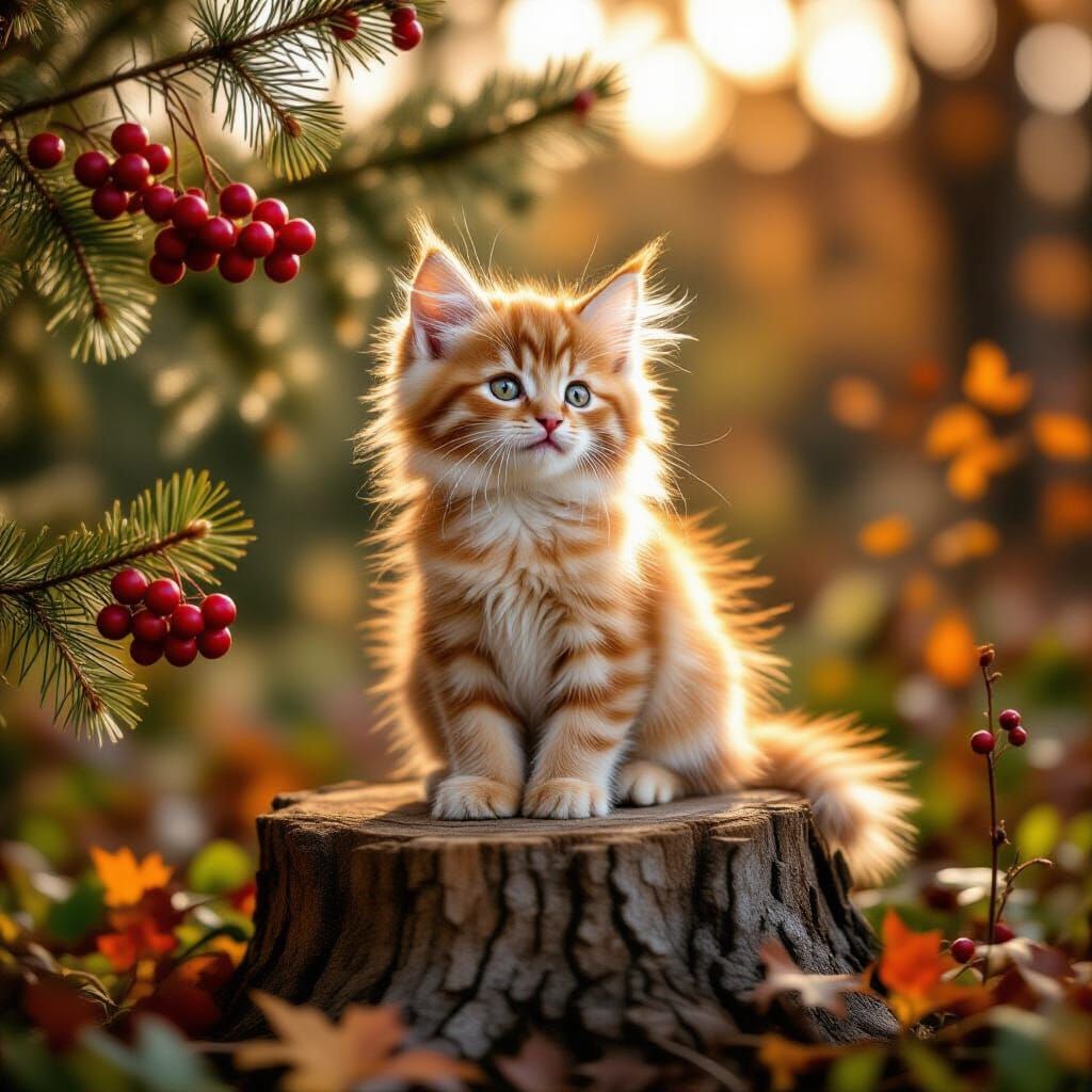 Fluffy Red Kitten in Autumn Park, Documentary Style