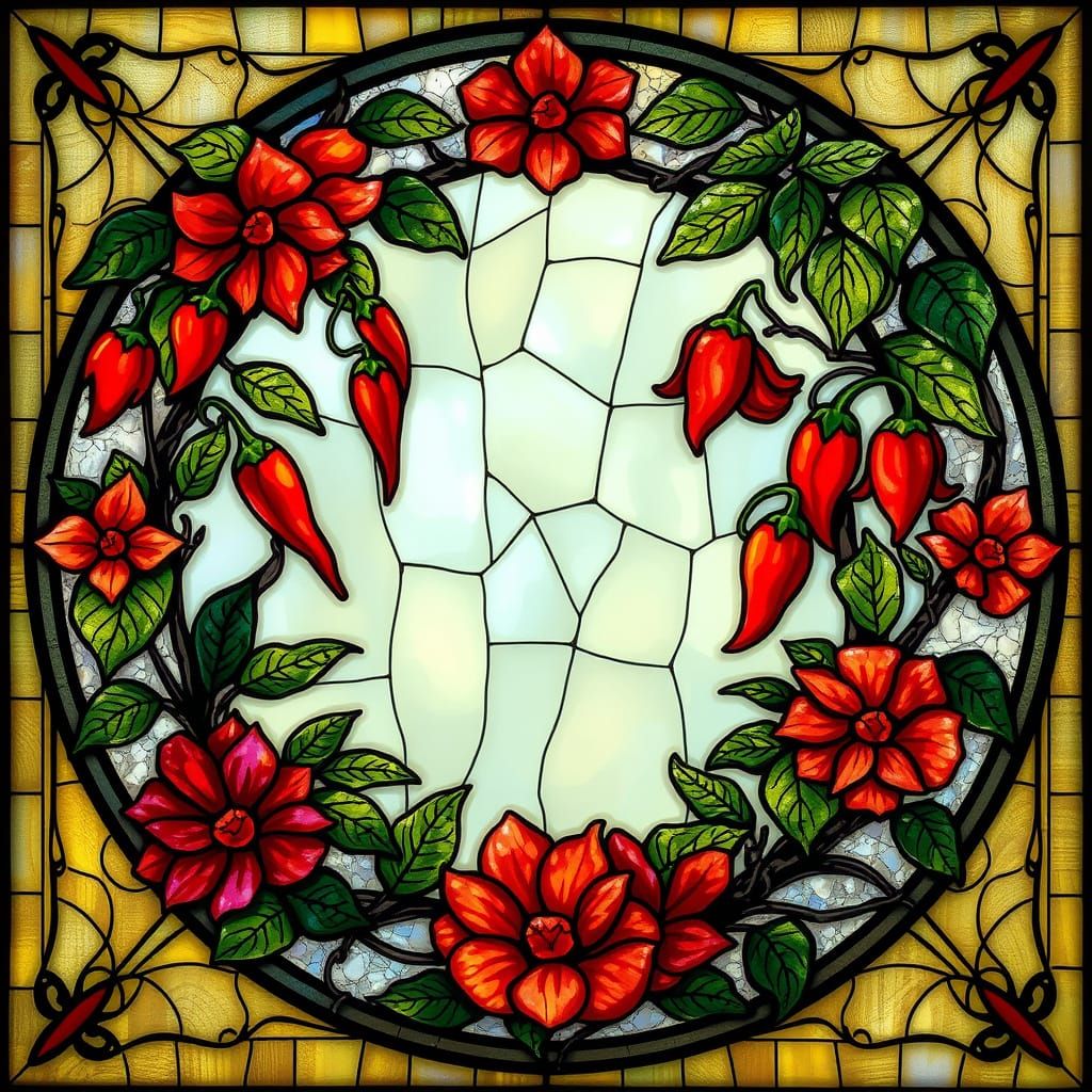 Stained Glass Chili Blossoms in Art Nouveau Style