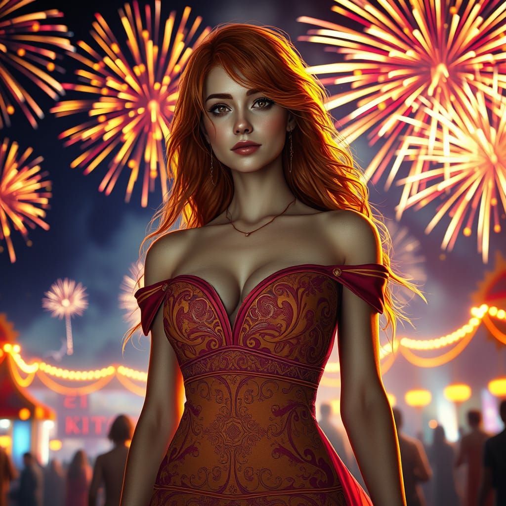 Regal Red-Haired Woman in Vibrant Festival Scene with Firewo...