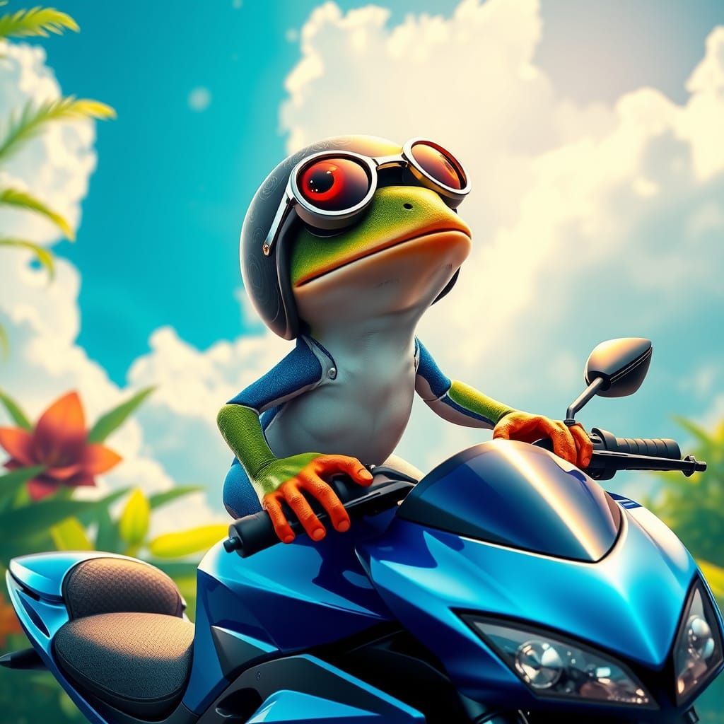 Whimsical Frog Rides Cobalt Blue Motorcycle in Enchanted Lan...