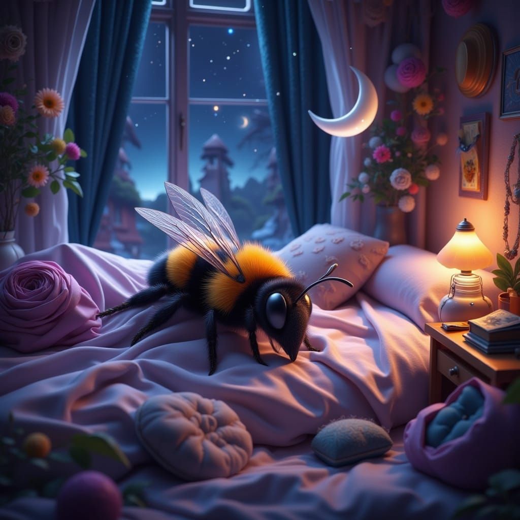 Sleepy Bumblebee in Beehive Apartment at Night