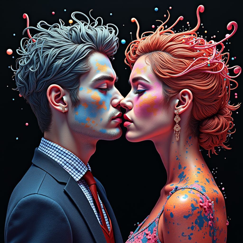 Embroidered Man Smelling Woman's Hair in Mixed Media Art