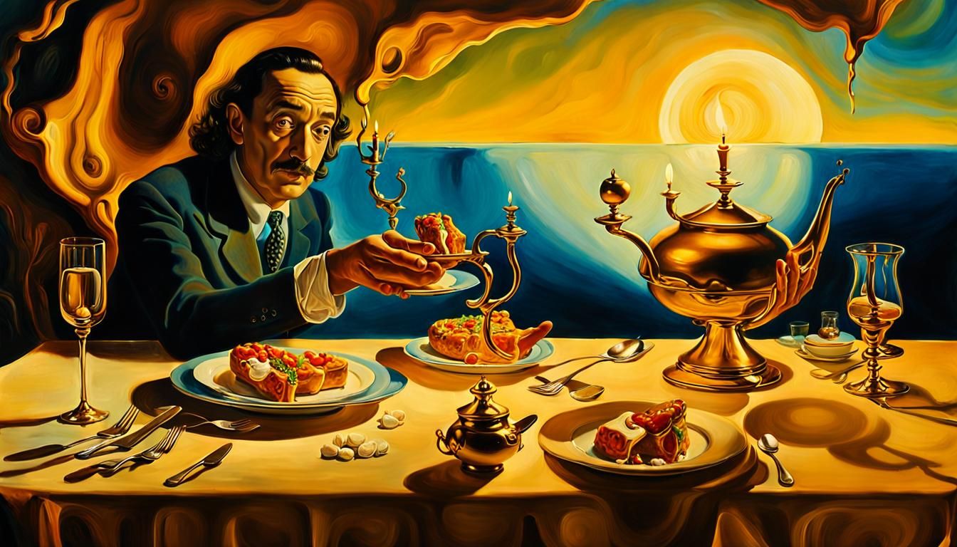 Dreamlike Dinner with Melting Clocks in Surreal Style