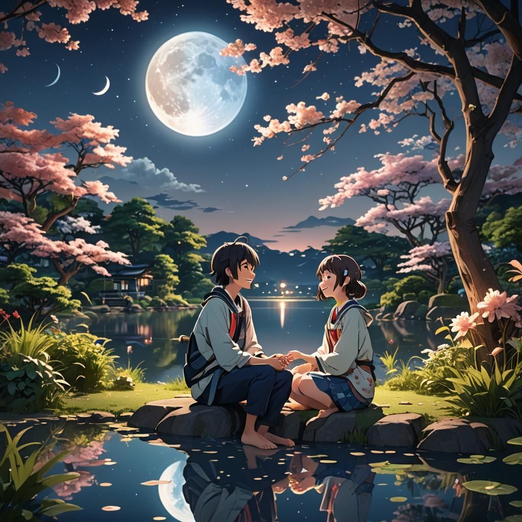 Anime Garden Friends Laughing Under Moonlight