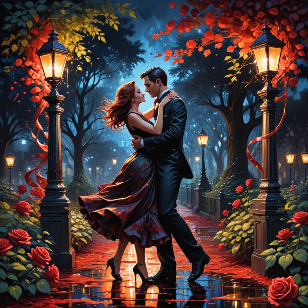 Midnight Rose Garden Serenade in Vibrant Graffiti Style