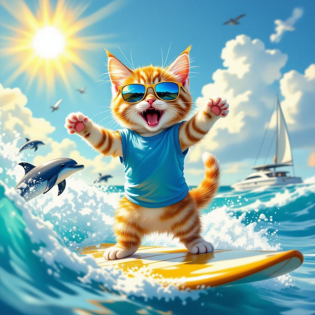 Ginger Kitten Surfing a Wave in Sunglasses