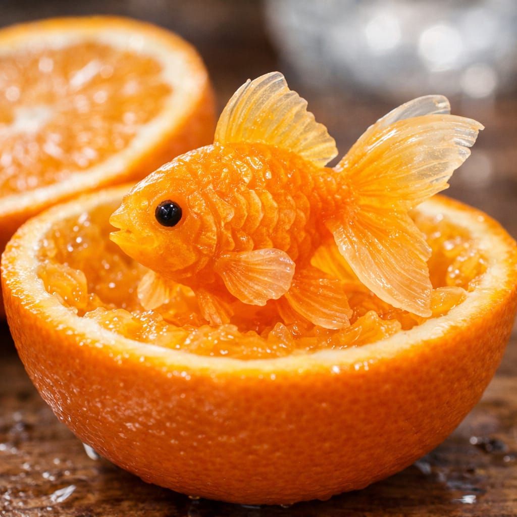 Realistic Goldfish Carved from Orange in Aerogel Style