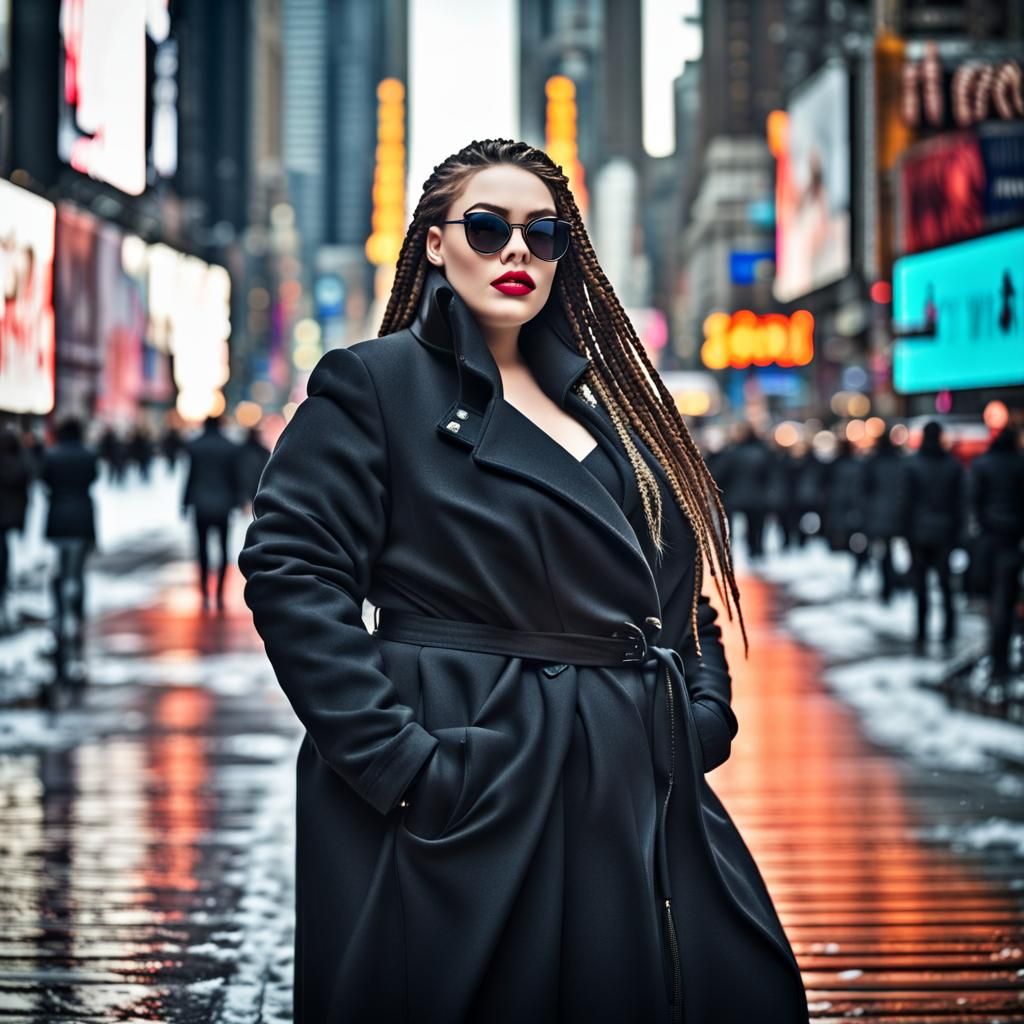 Plus Size Model in Oversized Jacket in Times Square