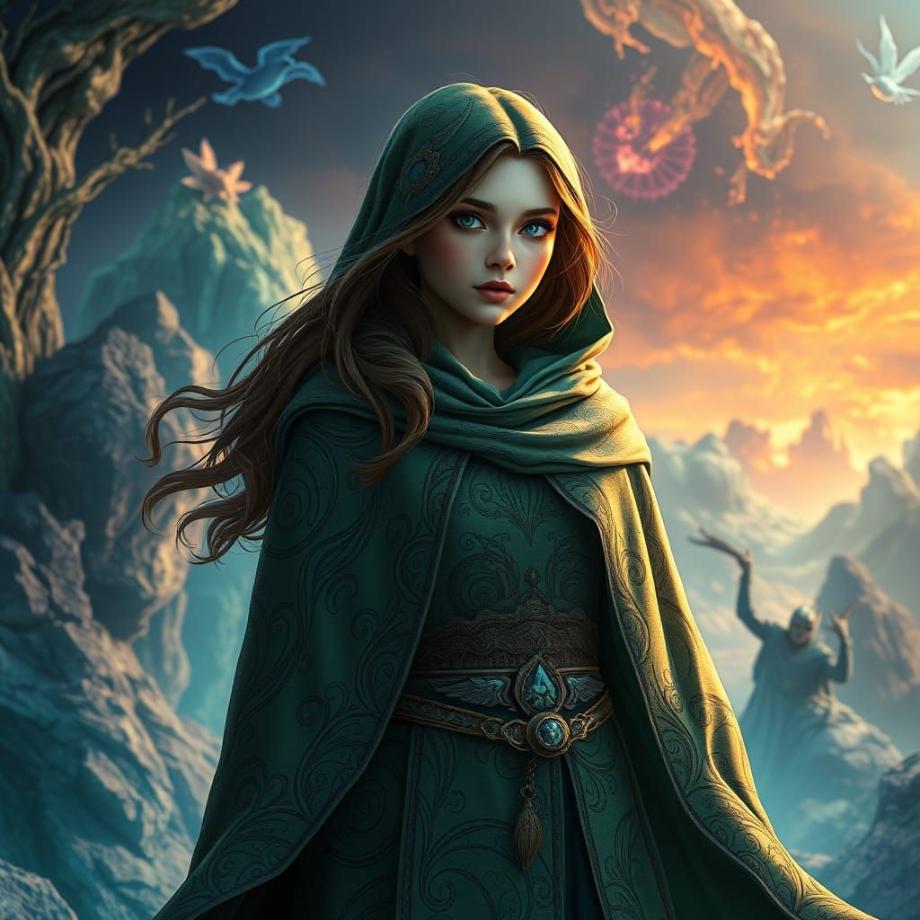 Mystical Figure in Emerald and Sapphire Realms