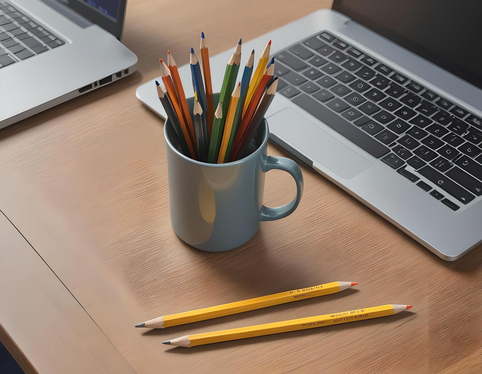 Pencils in Cup on Desk Near Laptop