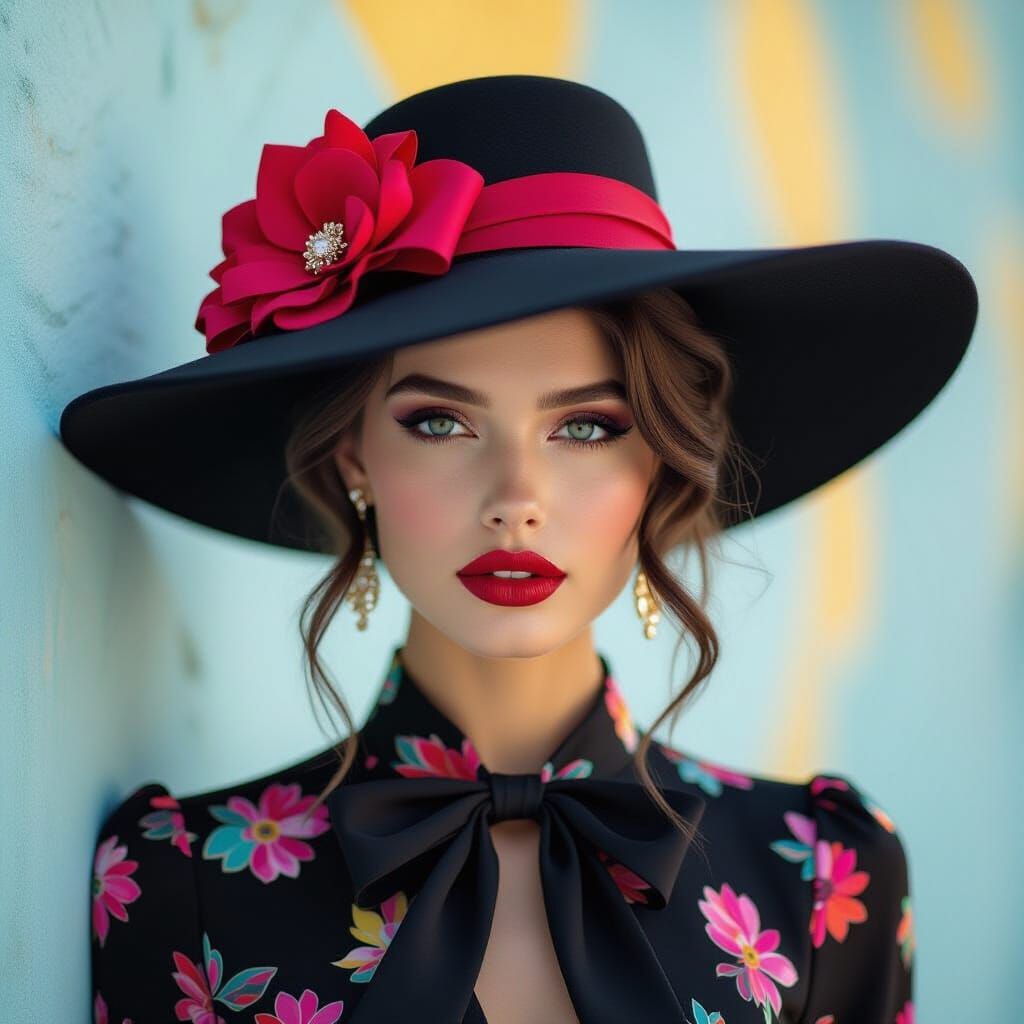 A high-fashion portrait photograph of a young woman wearing ...