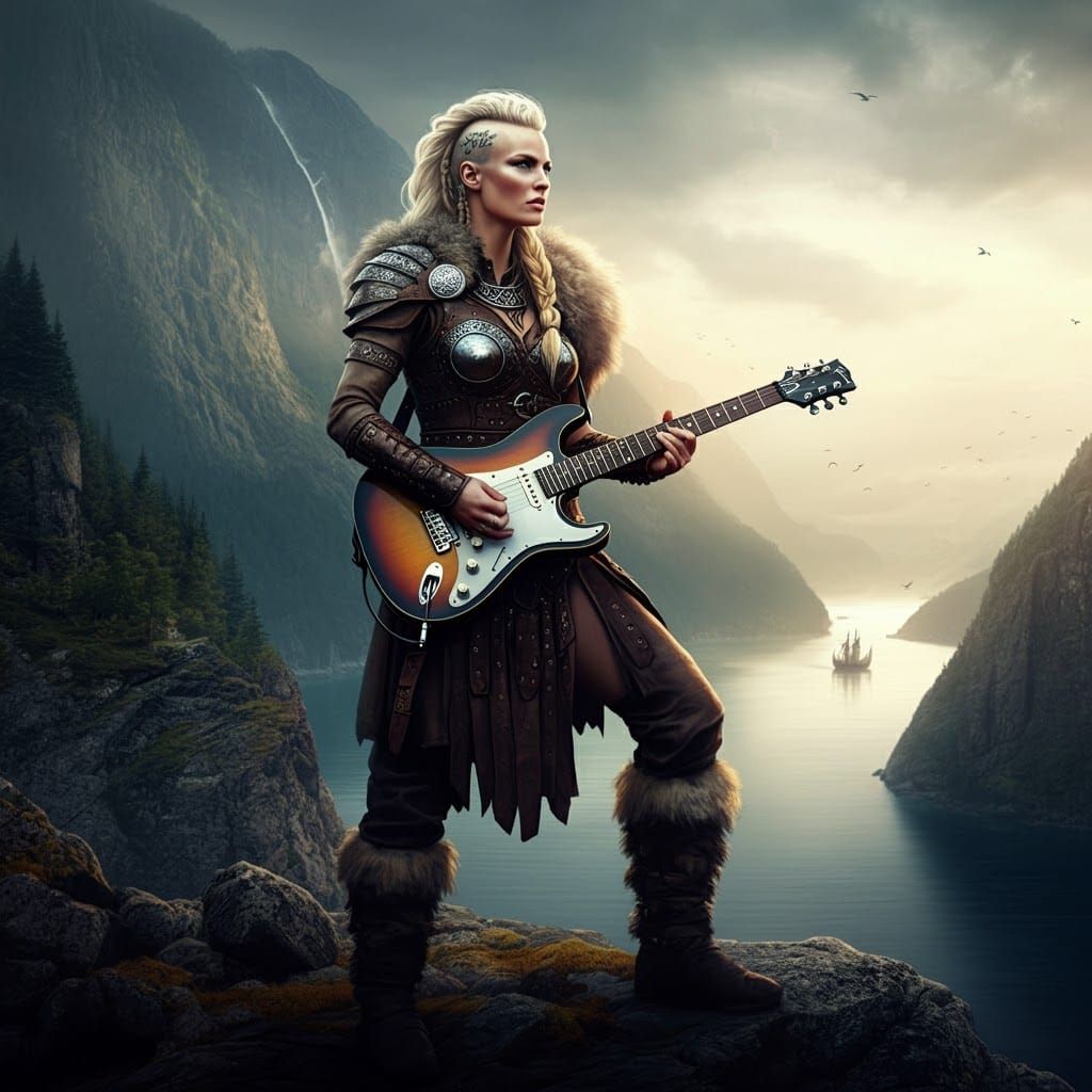 Viking Woman Rocks Out Above Fantastical Fjord