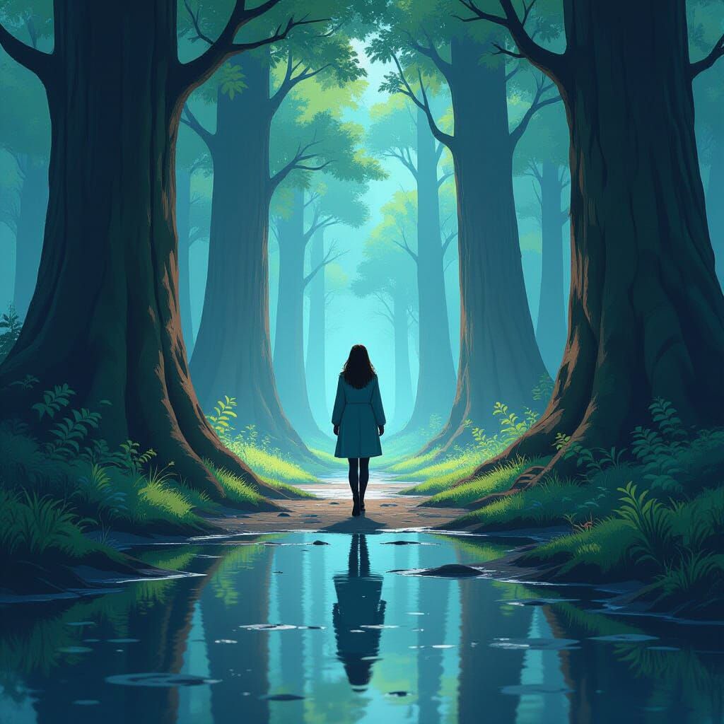 Mystical Forest Scene in Dreamy Illustrative Style