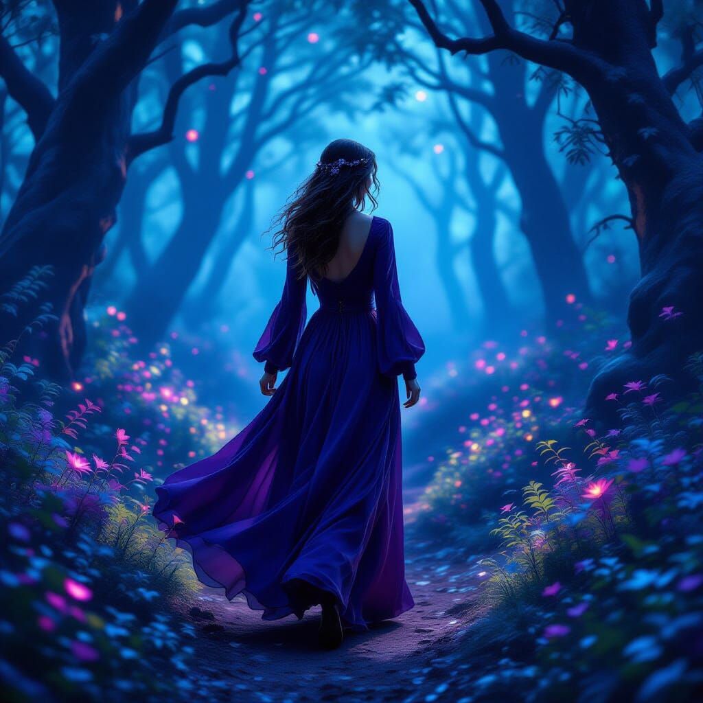 Enchanted Forest Night: Woman in Purple Dress