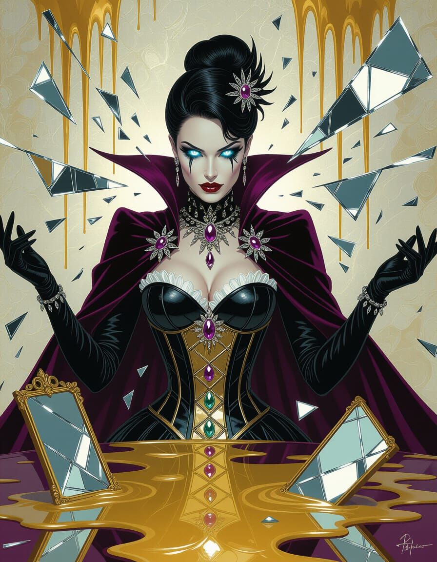 Elegant Supervillainess in Shattered Mirror Scene