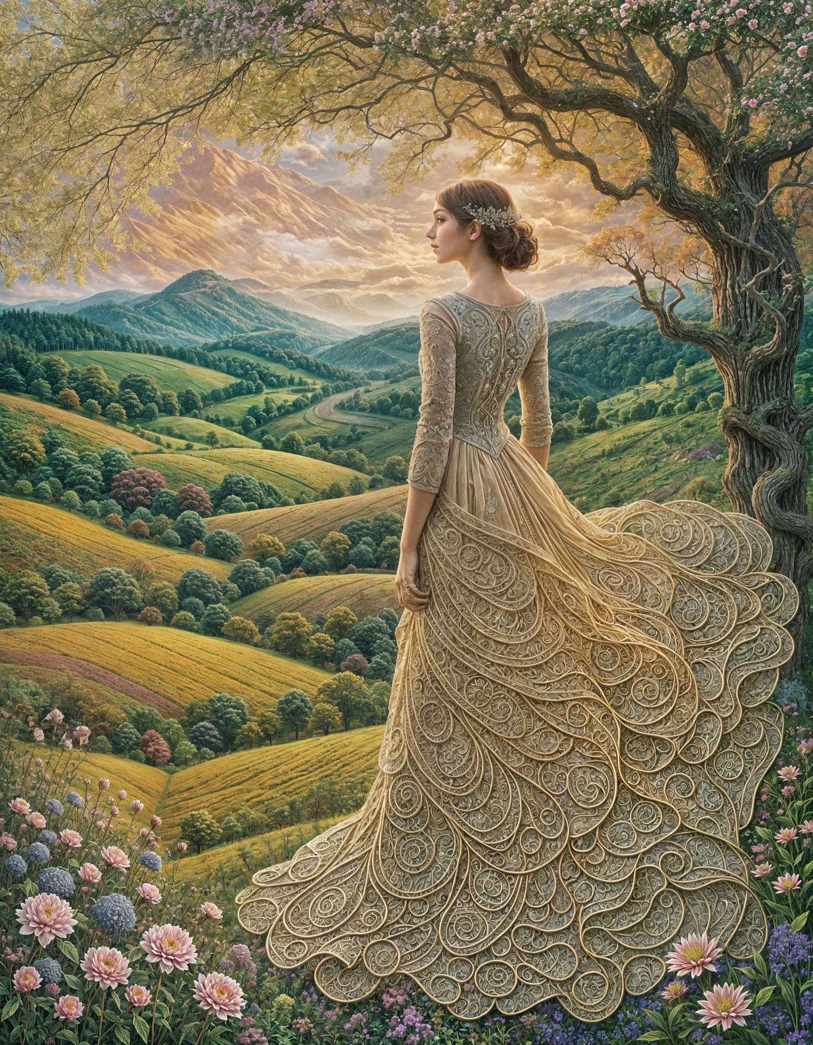 Ethereal Embroidered Countryside Collage with Intricate Desi...