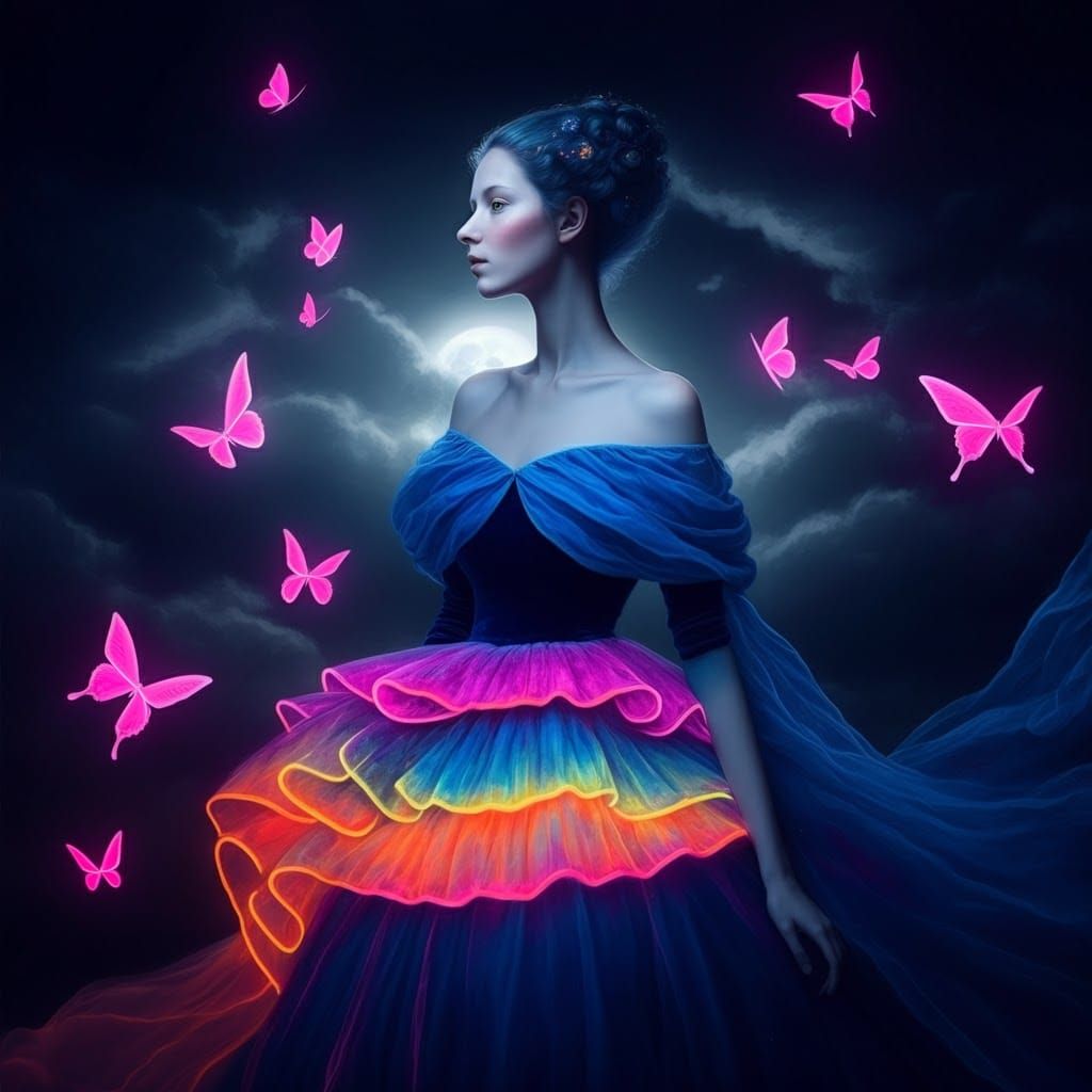Woman in Ethereal Gown with Butterflies