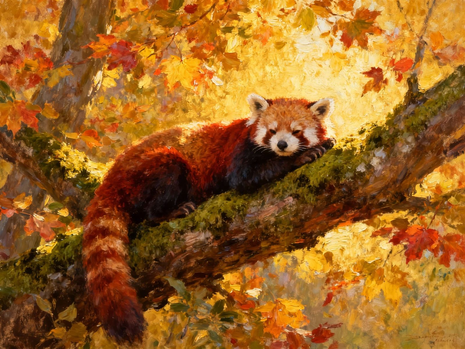 Red Panda Rests on Autumn Branch in Oil Painting Style