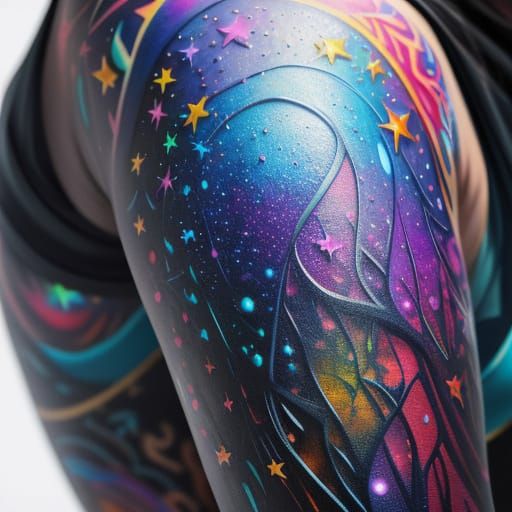 Tattooed Woman with Rainbows in Digital Art Style