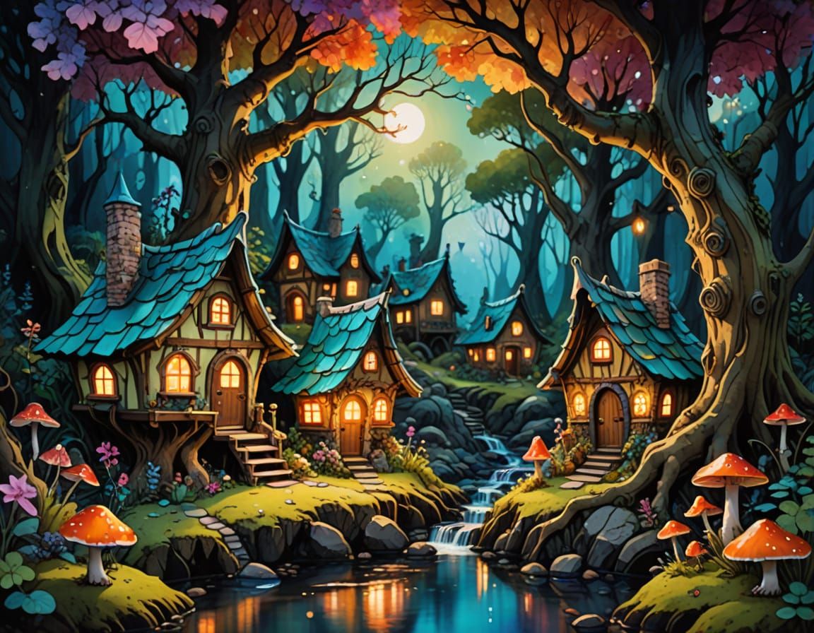 Whimsical Gnome Village in Alcohol Ink Painting
