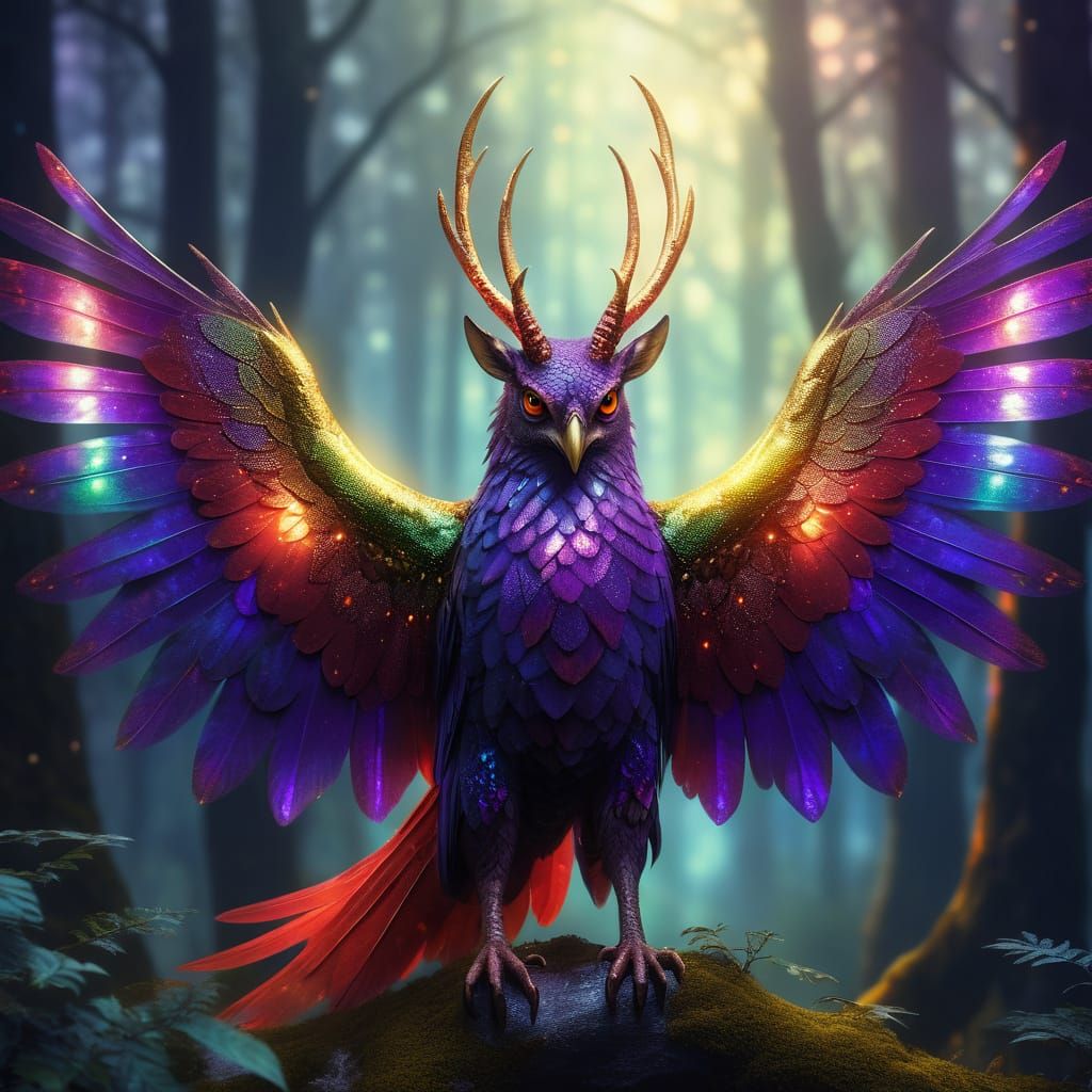 Iridescent Winged Mythical Creature in Misty Forest