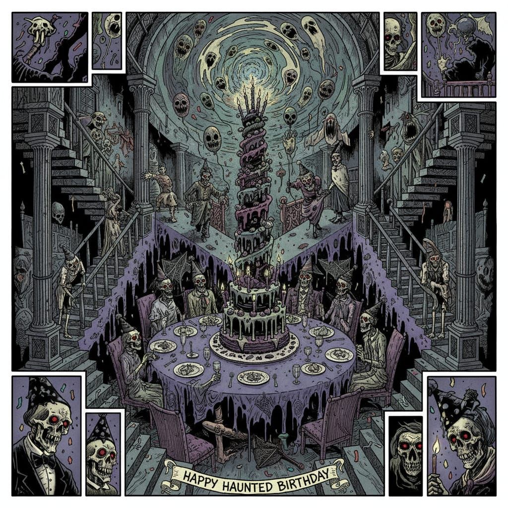 Haunted Birthday Party in Escher Horror Comic Style
