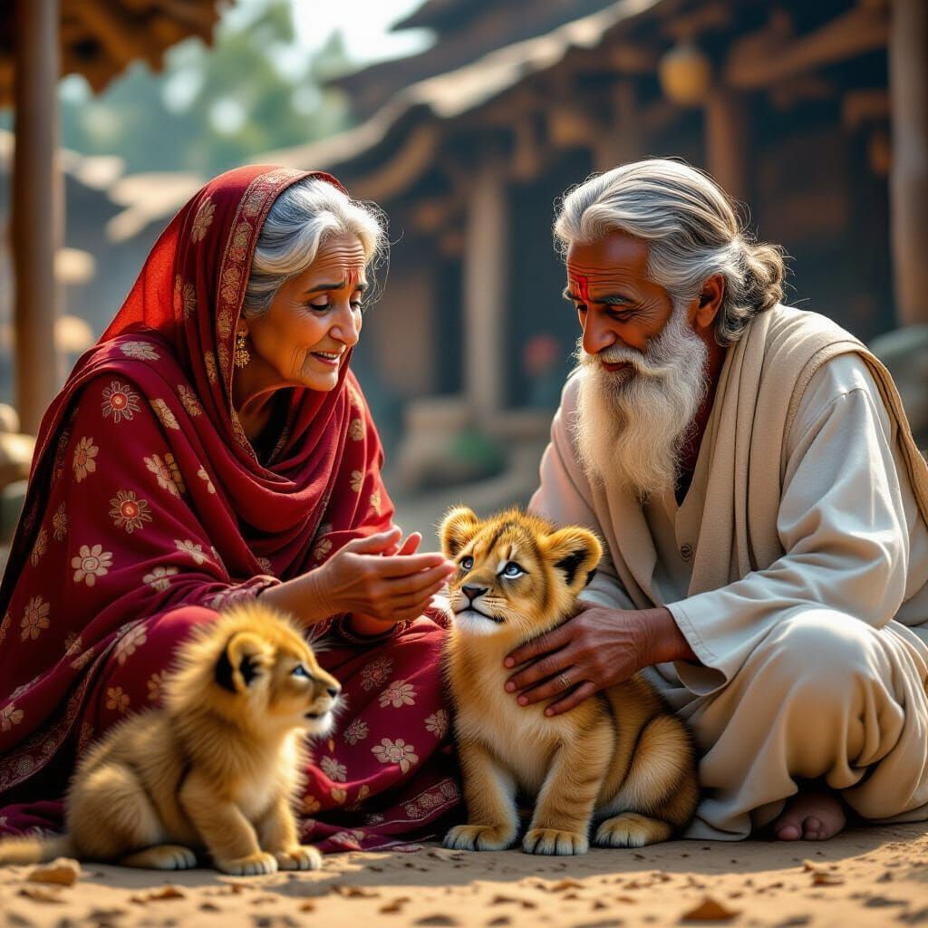 Elderly Woman Pleads With Lion Cub in Mystical Twilight