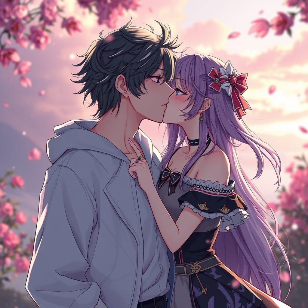 Romantic Anime Couple in Intimate Embrace
