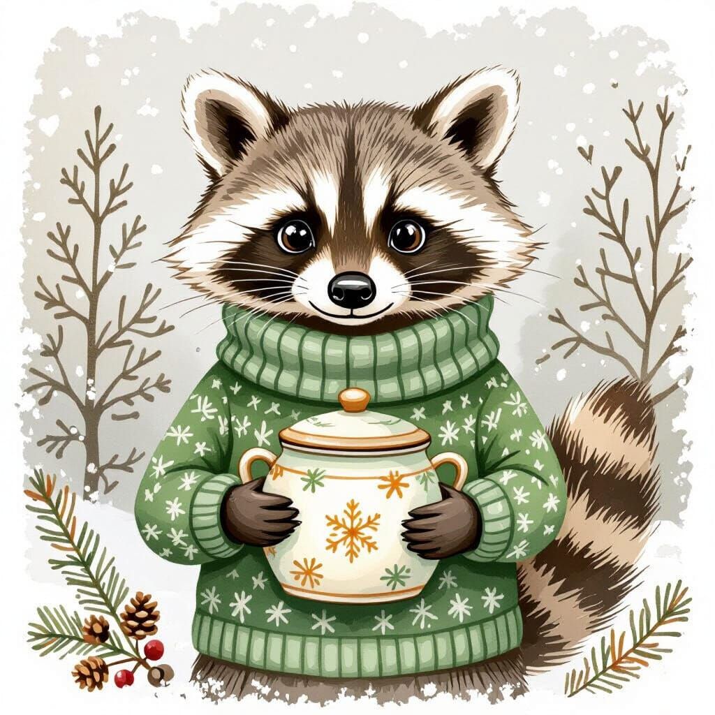 Raccoon in Christmas Sweater, Watercolor Clipart Illustratio...