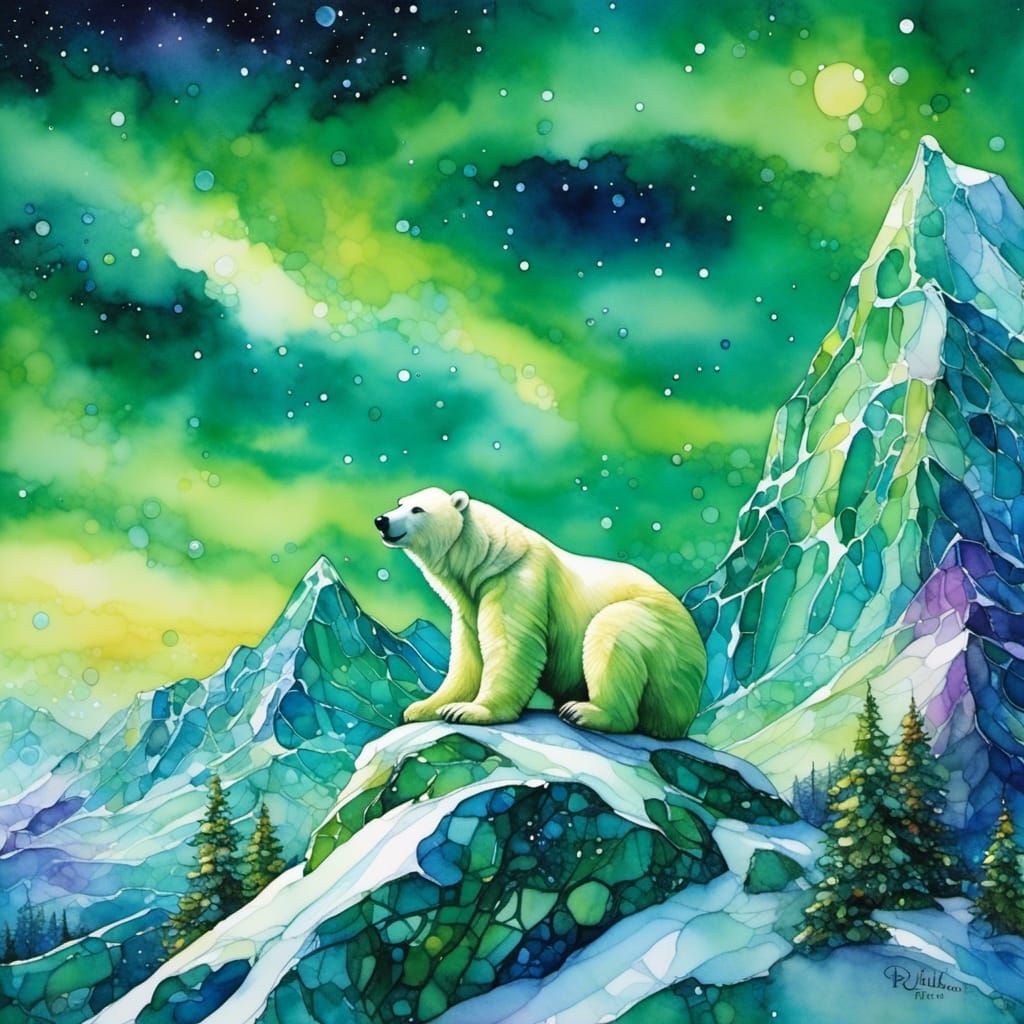 Green Polar Bear Under Aurora Borealis