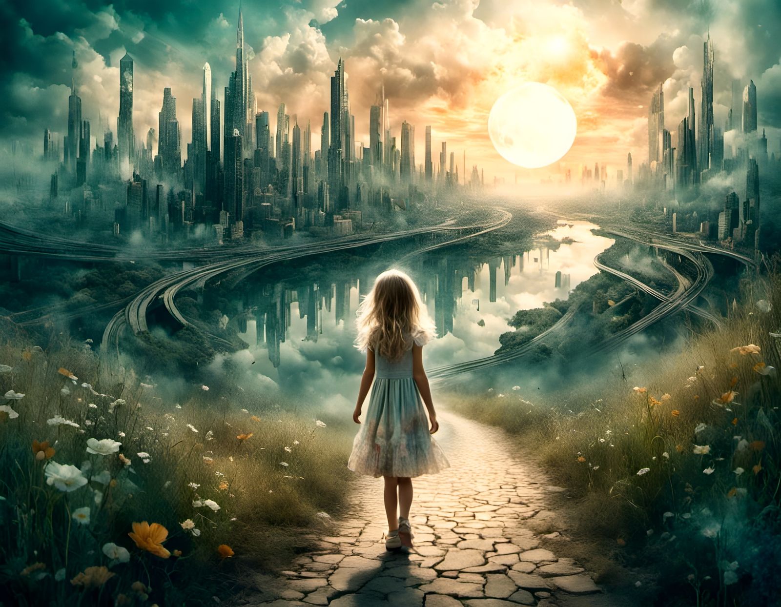 Girl's Journey Through Surreal City Portal