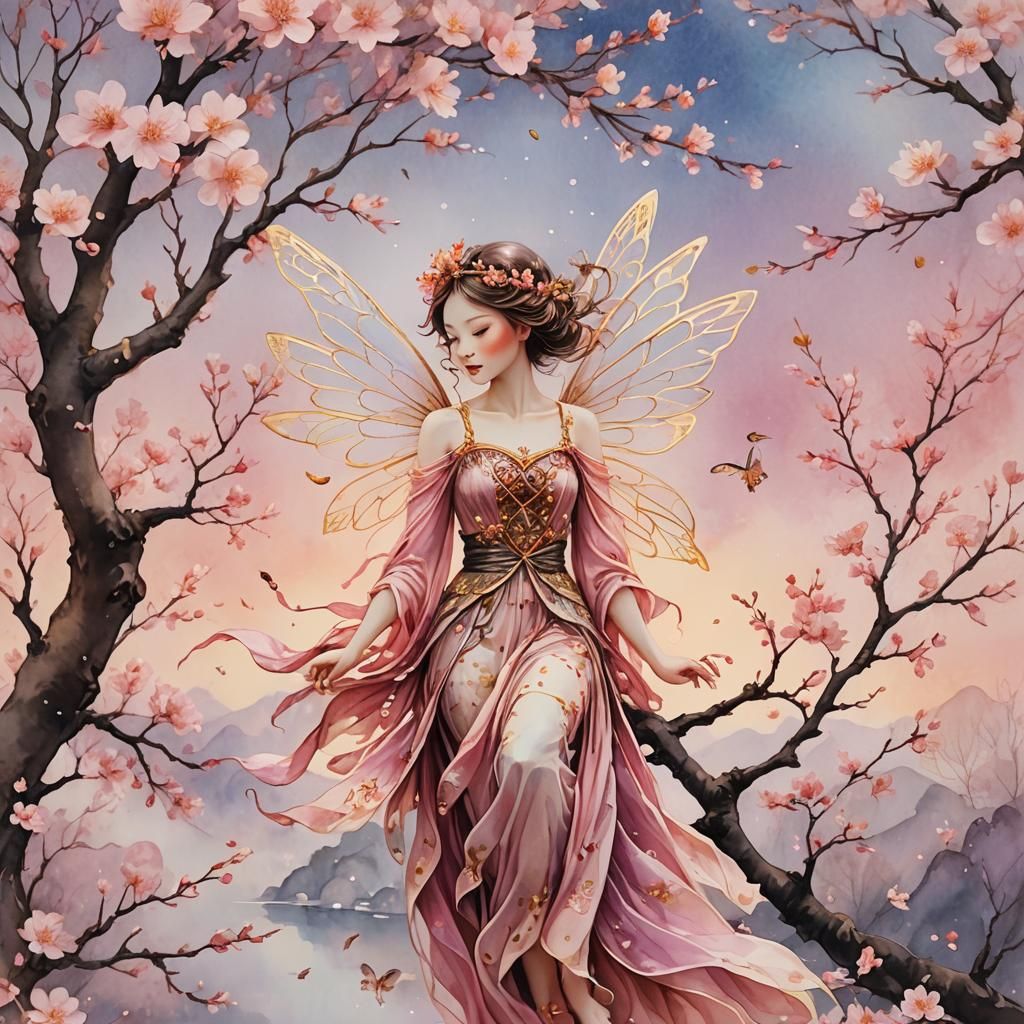 Cherry Blossom Fairy Realm: Vibrant Watercolor Art