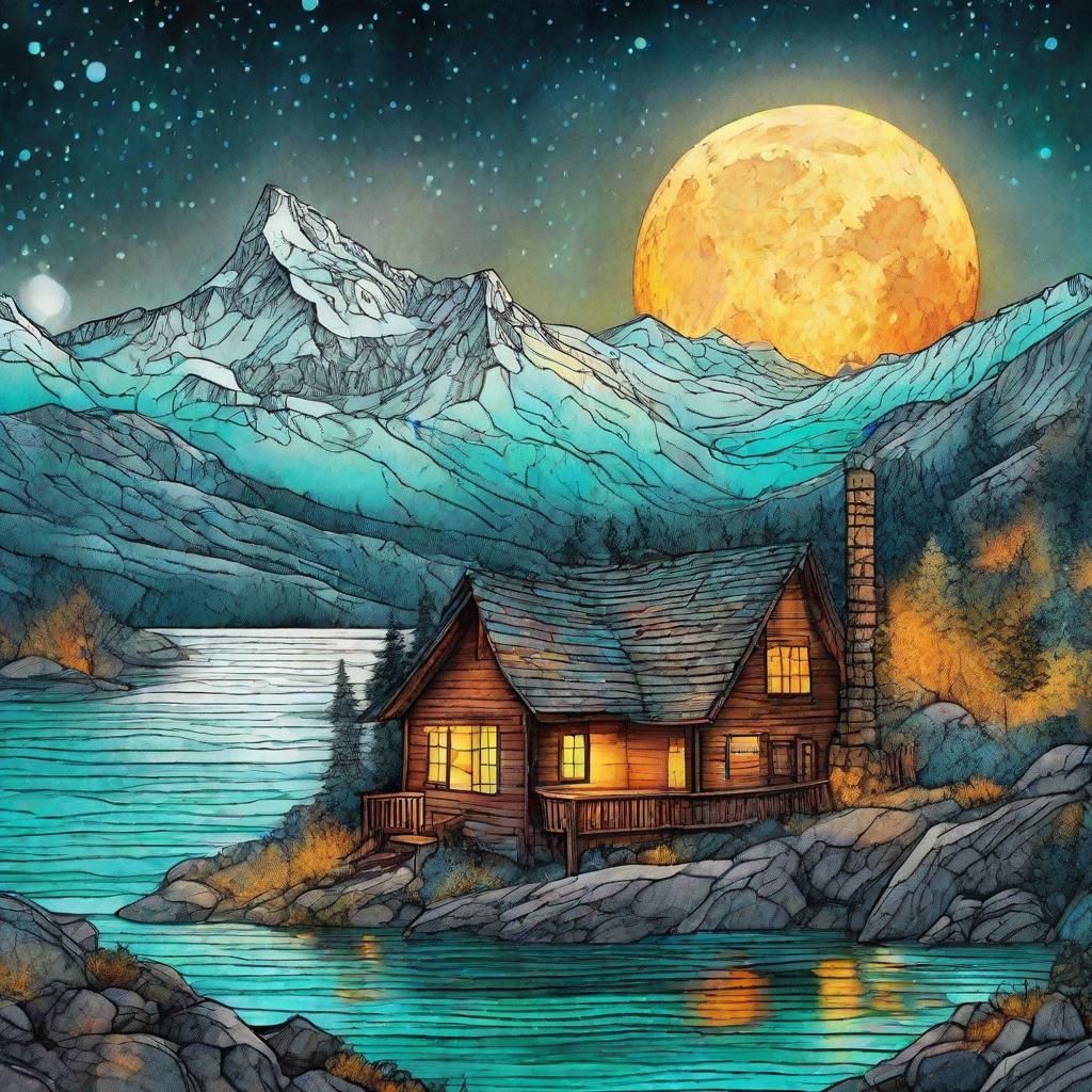 Mountain Shack Under Full Moon in Watercolor Style